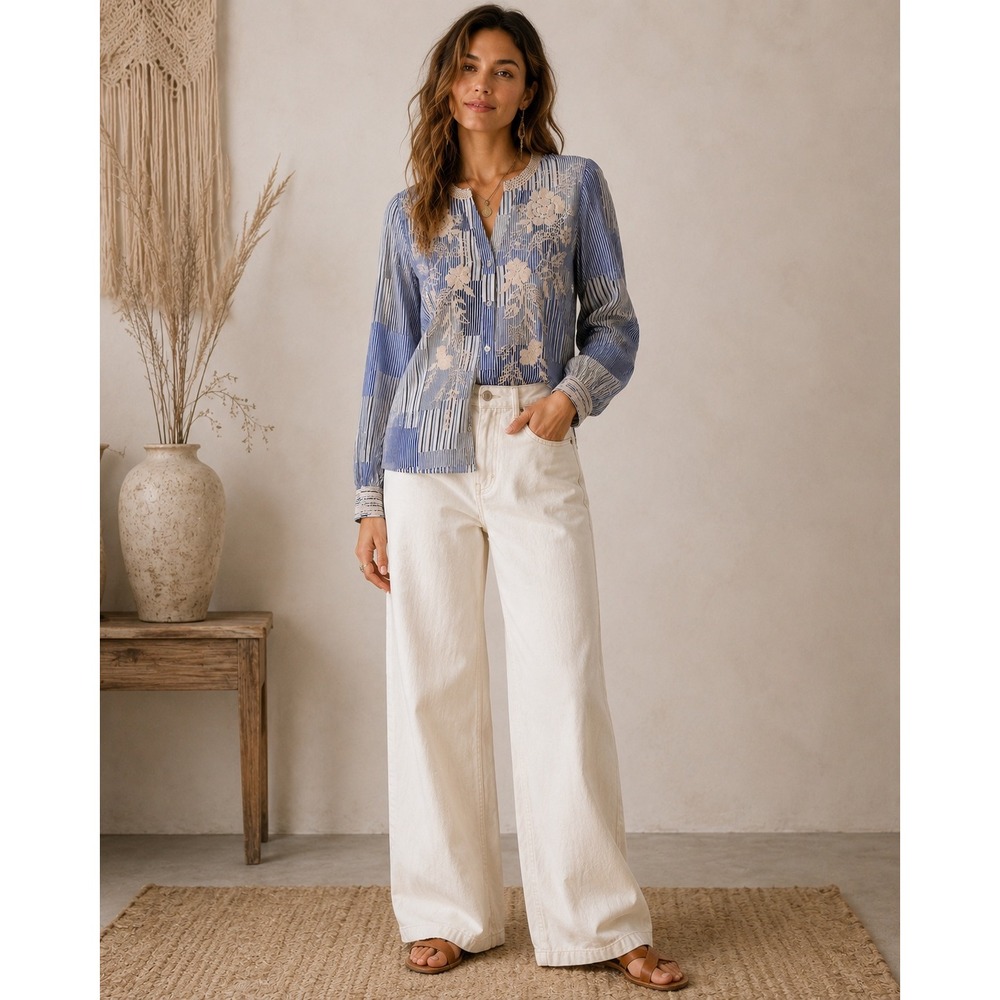 Johnny Was Workshop Silk Embroidered Patchwork Stripe Blouse Top Small Boho M